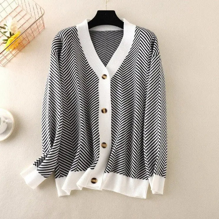 V-neck Striped Cardigans Sweaters Long Sleeve Loose Knitted Open Stitch Outwear - Blade & Thread
