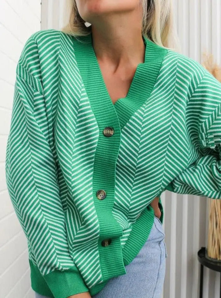 V-neck Striped Cardigans Sweaters Long Sleeve Loose Knitted Open Stitch Outwear - Blade & Thread