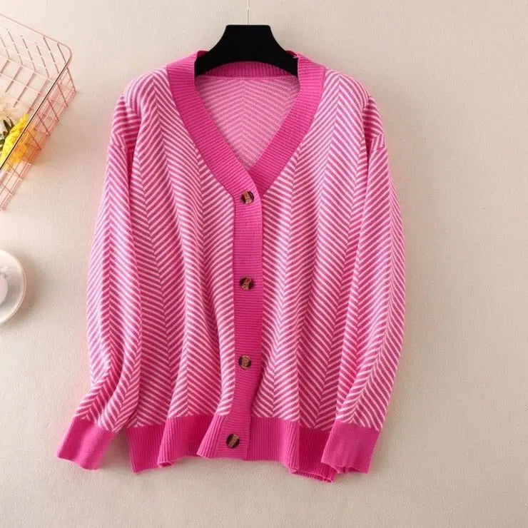 V-neck Striped Cardigans Sweaters Long Sleeve Loose Knitted Open Stitch Outwear - Blade & Thread