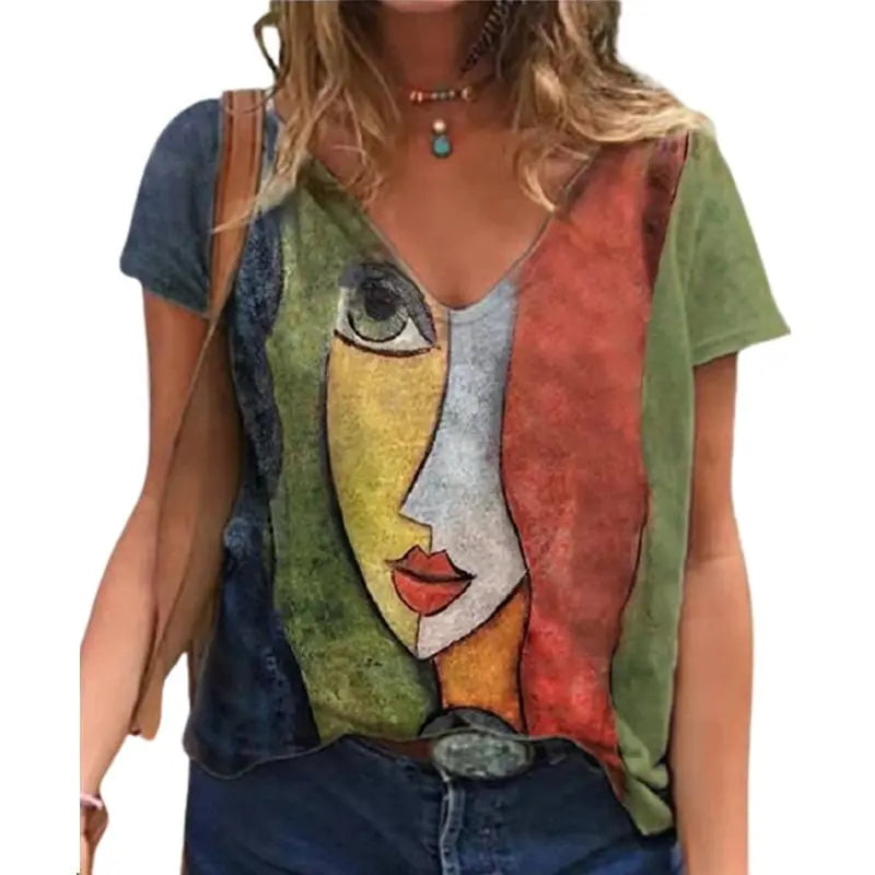 V Neck Tshirt Women's Summer Print Shirt Tops Loose Female Tee Streetwear Short Sleeve Clothes - Blade & Thread