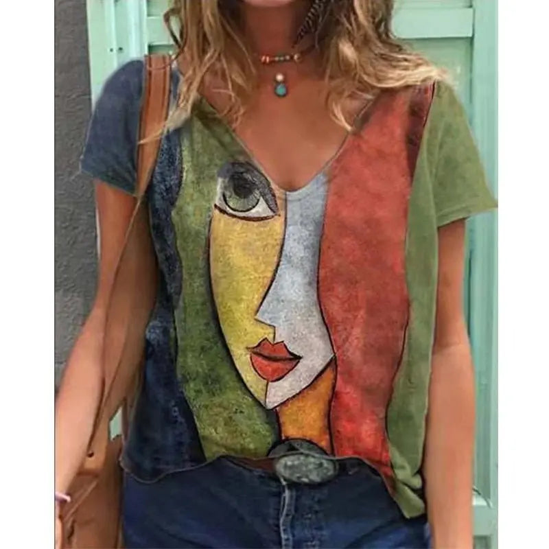 V Neck Tshirt Women's Summer Print Shirt Tops Loose Female Tee Streetwear Short Sleeve Clothes - Blade & Thread