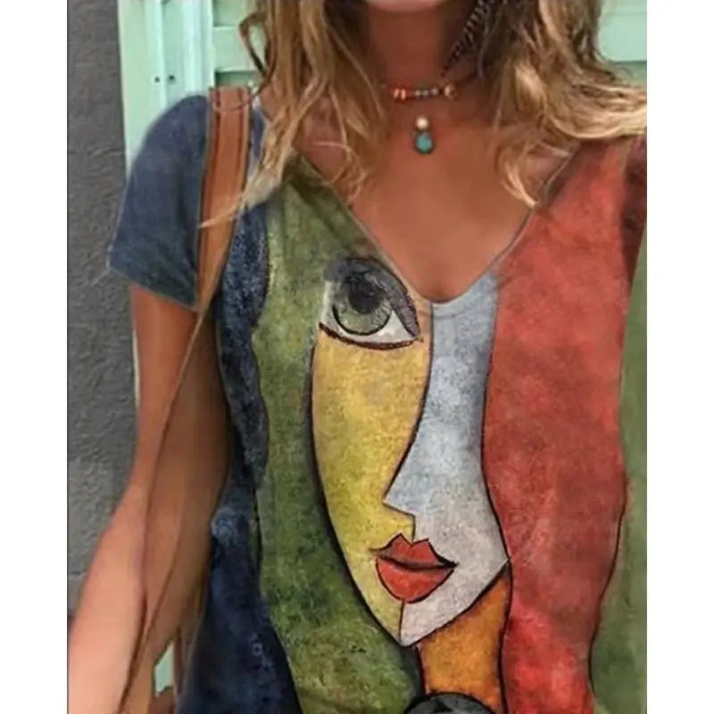V Neck Tshirt Women's Summer Print Shirt Tops Loose Female Tee Streetwear Short Sleeve Clothes nowadaysfashion