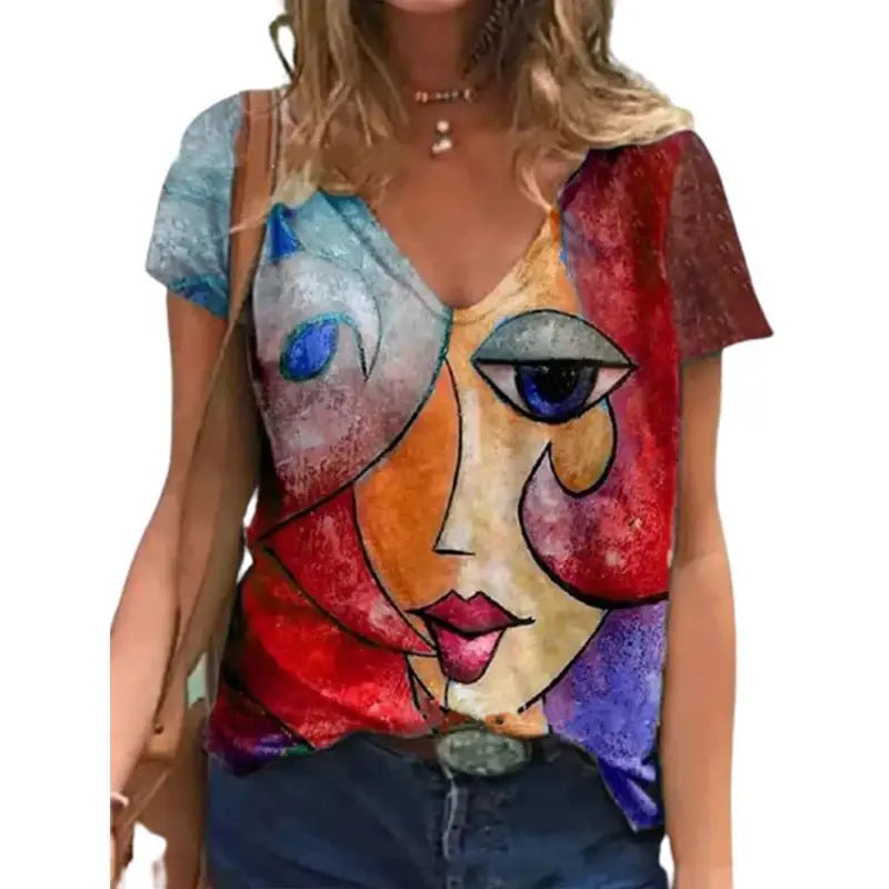 V Neck Tshirt Women's Summer Print Shirt Tops Loose Female Tee Streetwear Short Sleeve Clothes nowadaysfashion