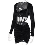 Velvet Mesh Long Sleeve Corset Out Crop Top Ruched Mini Dress 2 Pcs Set Bodycon nowadaysfashion