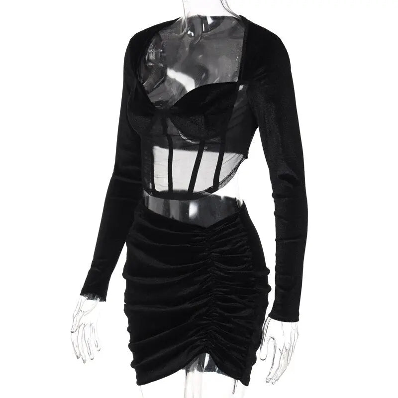 Velvet Mesh Long Sleeve Corset Out Crop Top Ruched Mini Dress 2 Pcs Set Bodycon - Blade & Thread