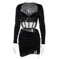 Velvet Mesh Long Sleeve Corset Out Crop Top Ruched Mini Dress 2 Pcs Set Bodycon nowadaysfashion