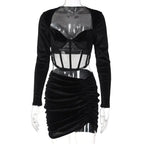 Velvet Mesh Long Sleeve Corset Out Crop Top Ruched Mini Dress 2 Pcs Set Bodycon nowadaysfashion