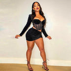 Velvet Mesh Long Sleeve Corset Out Crop Top Ruched Mini Dress 2 Pcs Set Bodycon nowadaysfashion