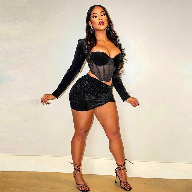 Velvet Mesh Long Sleeve Corset Out Crop Top Ruched Mini Dress 2 Pcs Set Bodycon - Blade & Thread