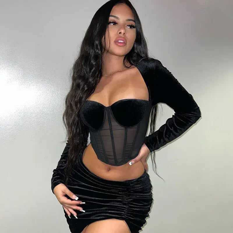 Velvet Mesh Long Sleeve Corset Out Crop Top Ruched Mini Dress 2 Pcs Set Bodycon - Blade & Thread