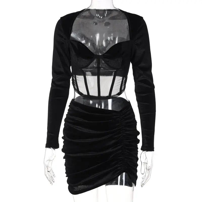 Velvet Mesh Long Sleeve Corset Out Crop Top Ruched Mini Dress 2 Pcs Set Bodycon - Blade & Thread