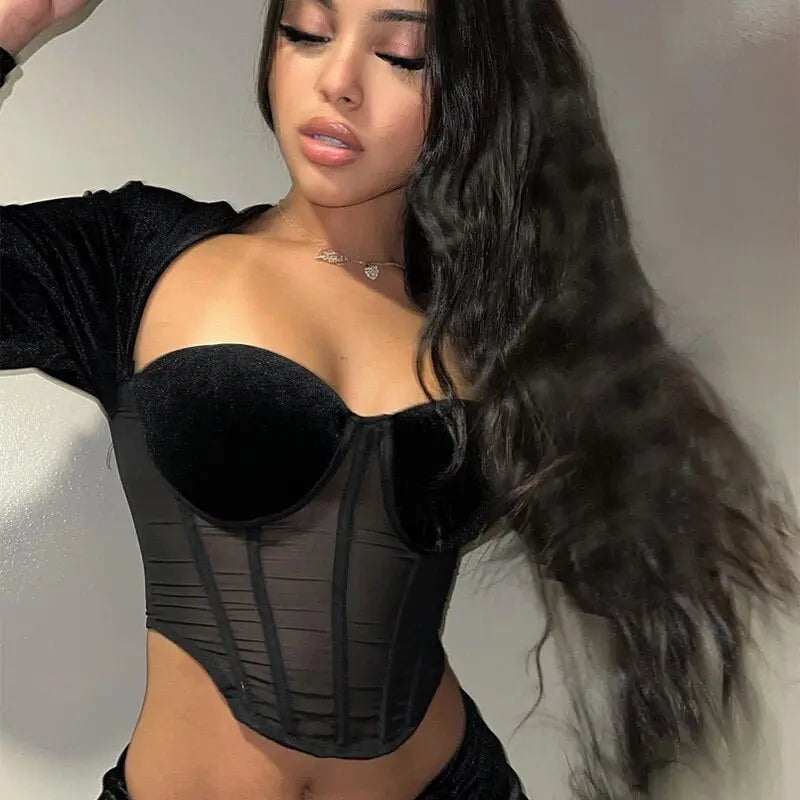 Velvet Mesh Long Sleeve Corset Out Crop Top Ruched Mini Dress 2 Pcs Set Bodycon - Blade & Thread