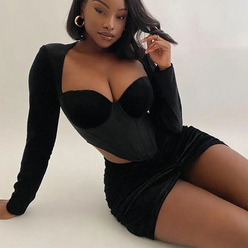 Velvet Mesh Long Sleeve Corset Out Crop Top Ruched Mini Dress 2 Pcs Set Bodycon - Blade & Thread