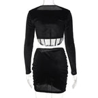 Velvet Mesh Long Sleeve Corset Out Crop Top Ruched Mini Dress 2 Pcs Set Bodycon nowadaysfashion