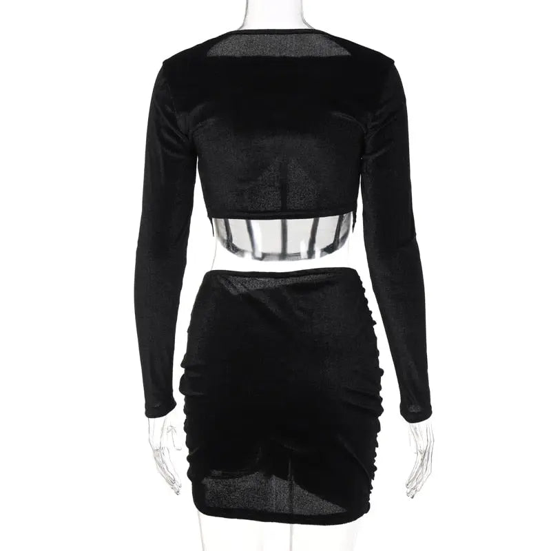 Velvet Mesh Long Sleeve Corset Out Crop Top Ruched Mini Dress 2 Pcs Set Bodycon - Blade & Thread