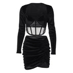 Velvet Mesh Long Sleeve Corset Out Crop Top Ruched Mini Dress 2 Pcs Set Bodycon nowadaysfashion