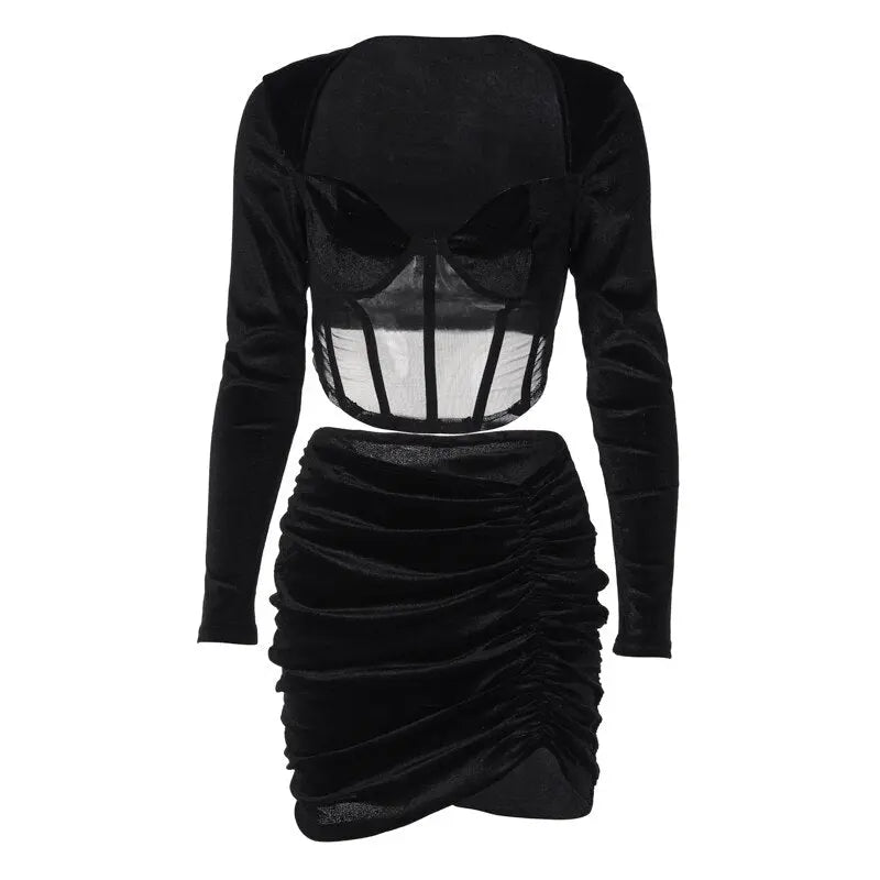 Velvet Mesh Long Sleeve Corset Out Crop Top Ruched Mini Dress 2 Pcs Set Bodycon - Blade & Thread