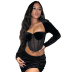Velvet Mesh Long Sleeve Corset Out Crop Top Ruched Mini Dress 2 Pcs Set Bodycon nowadaysfashion