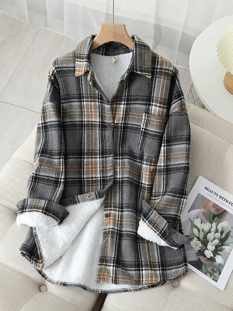 Velvet Thicken Plaid Shirts Blouses Autumn Winter Warm Shirts nowadaysfashion