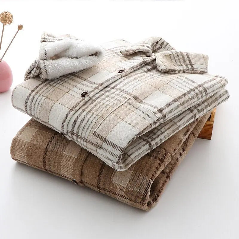 Velvet Thicken Plaid Shirts Blouses Autumn Winter Warm Shirts nowadaysfashion
