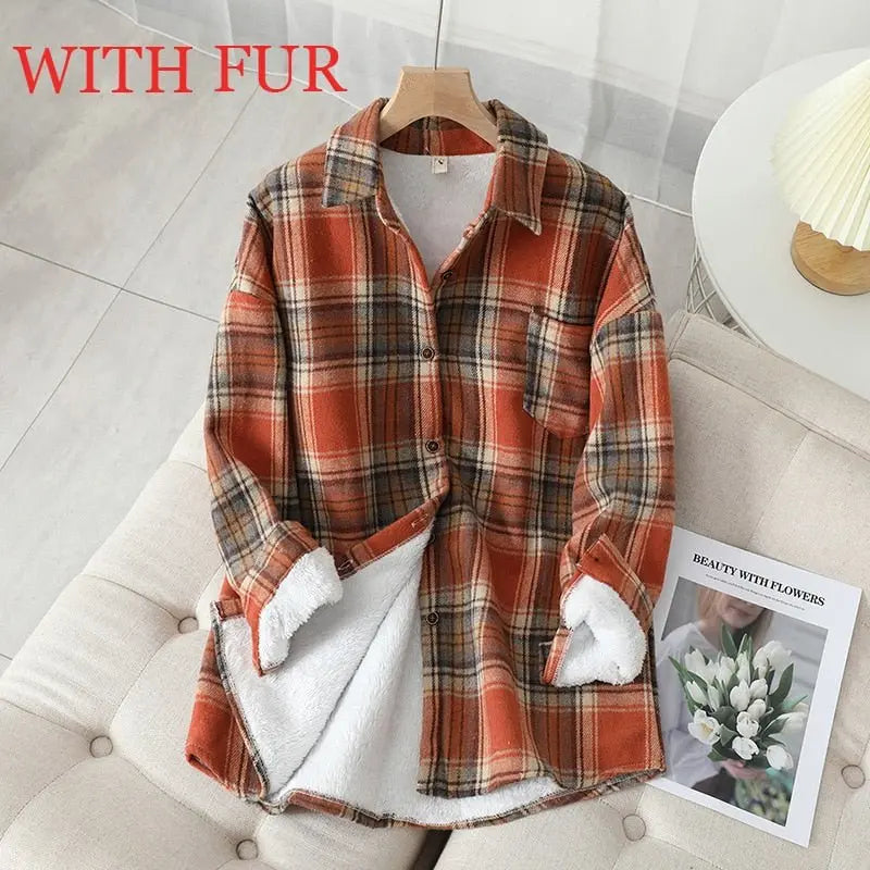 Velvet Thicken Plaid Shirts Blouses Autumn Winter Warm Shirts - Blade & Thread