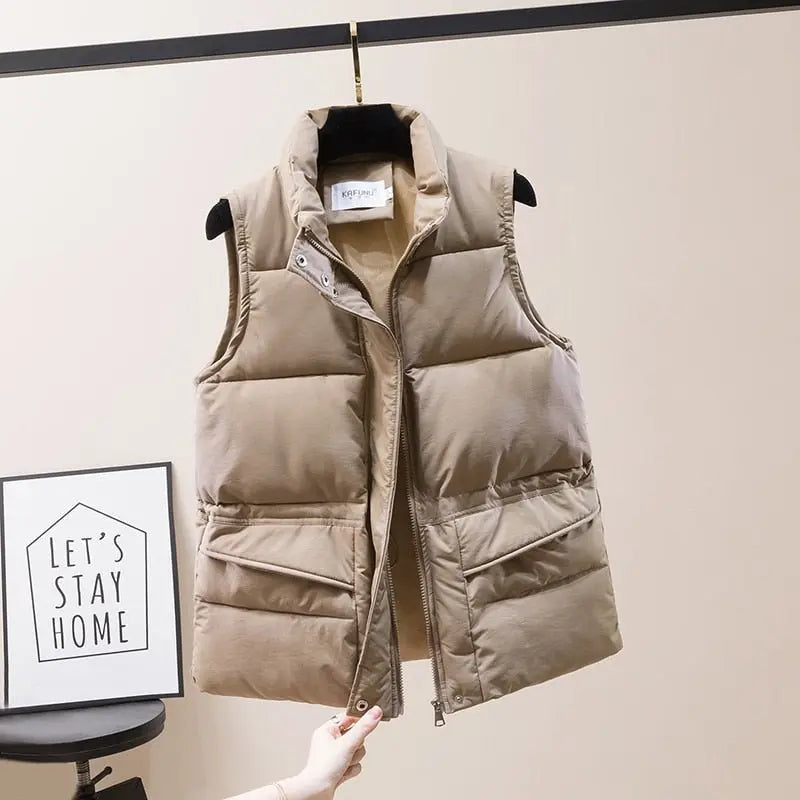 Vest Women Cotton Padded Women's Winter Sleeveless Jacket with Zipper Stand Collar Casual Coats - Blade & Thread