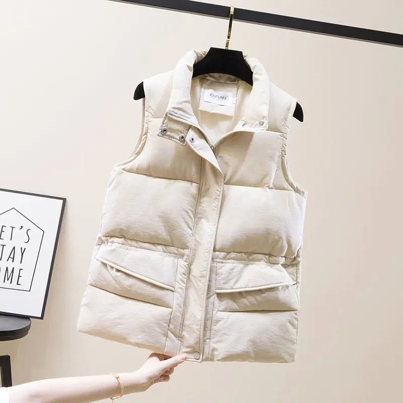 Vest Women Cotton Padded Women's Winter Sleeveless Jacket with Zipper Stand Collar Casual Coats - Blade & Thread