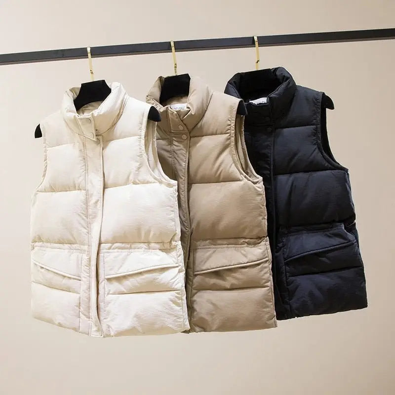 Vest Women Cotton Padded Women's Winter Sleeveless Jacket with Zipper Stand Collar Casual Coats - Blade & Thread