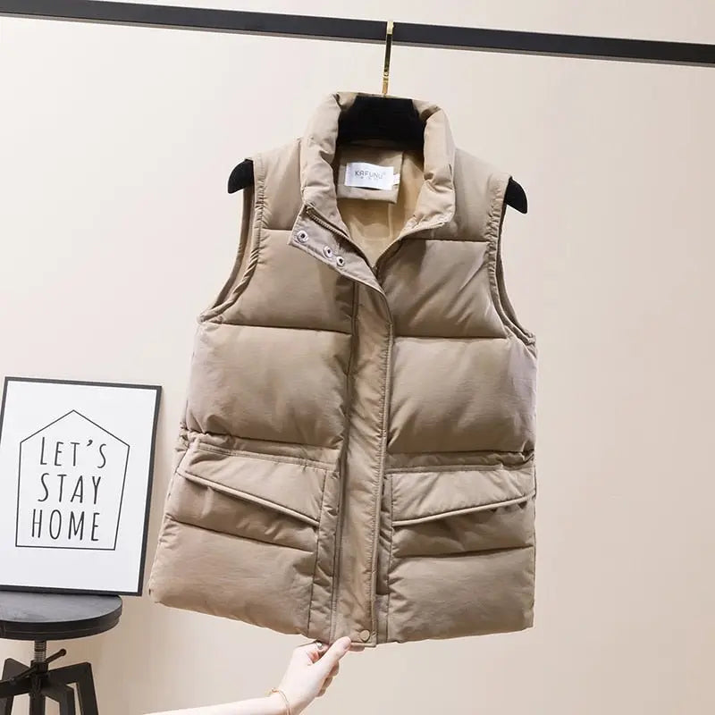 Vest Women Cotton Padded Women's Winter Sleeveless Jacket with Zipper Stand Collar Casual Coats - Blade & Thread