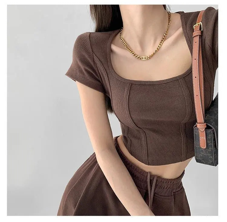 Vintaege Y2K Tops Women Summer Square Collar Short Sleeve T-shirt Fishbone Line Slim Crop - Blade & Thread