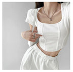 Vintaege Y2K Tops Women Summer Square Collar Short Sleeve T-shirt Fishbone Line Slim Crop nowadaysfashion
