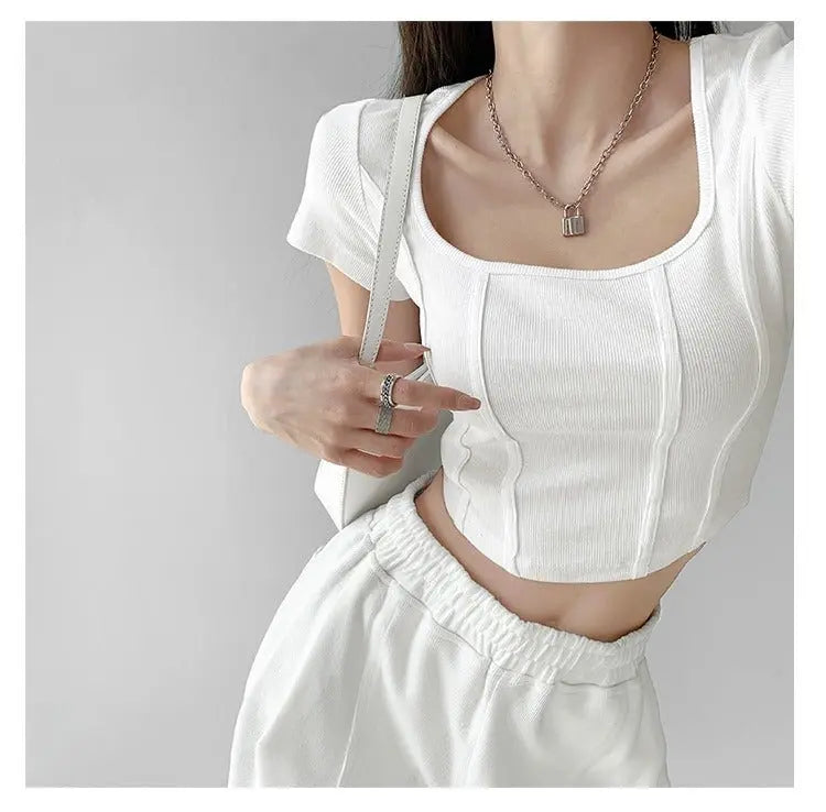 Vintaege Y2K Tops Women Summer Square Collar Short Sleeve T-shirt Fishbone Line Slim Crop nowadaysfashion