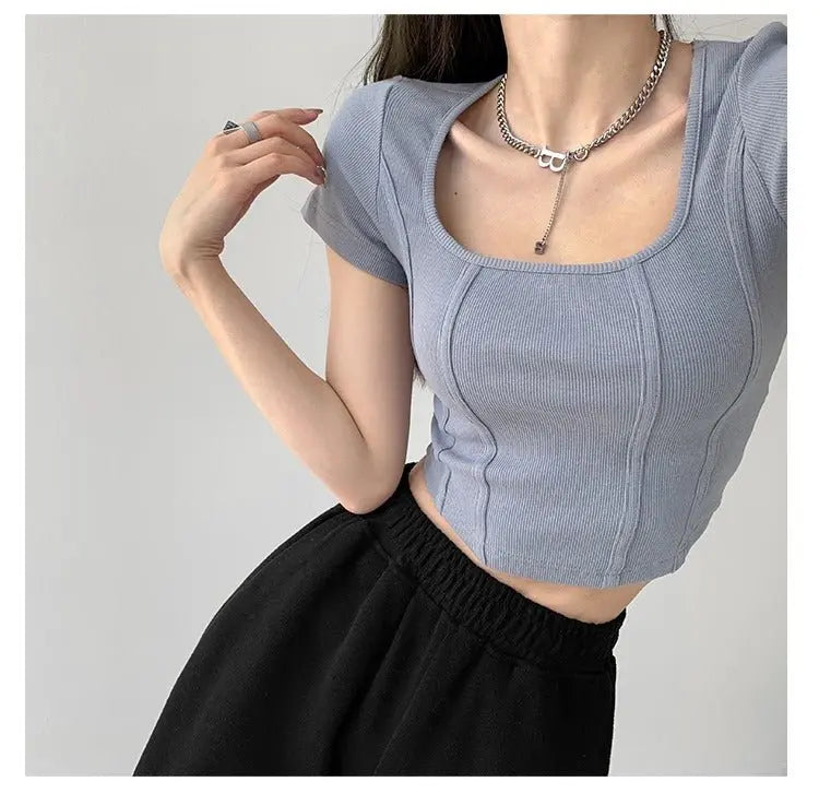 Vintaege Y2K Tops Women Summer Square Collar Short Sleeve T-shirt Fishbone Line Slim Crop - Blade & Thread