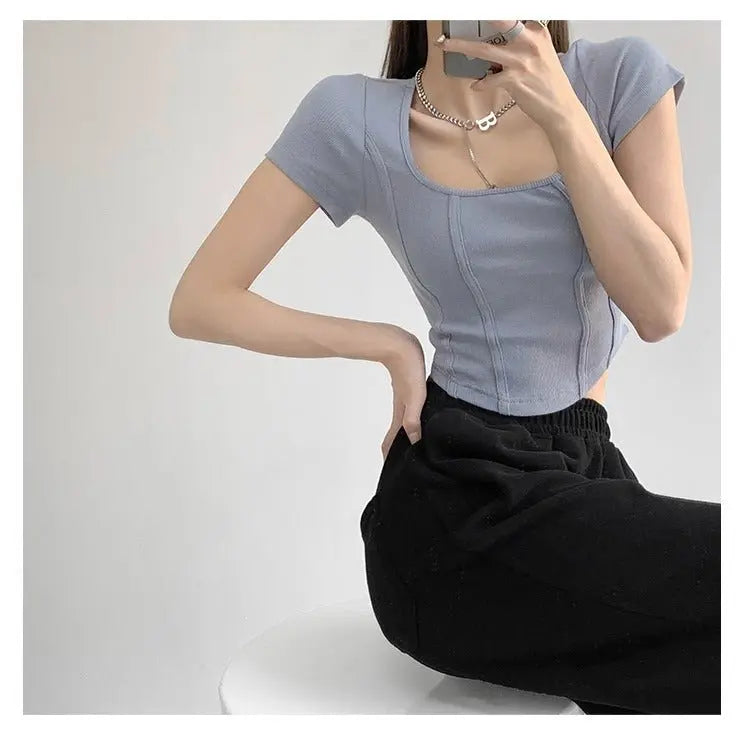 Vintaege Y2K Tops Women Summer Square Collar Short Sleeve T-shirt Fishbone Line Slim Crop - Blade & Thread