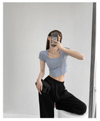 Vintaege Y2K Tops Women Summer Square Collar Short Sleeve T-shirt Fishbone Line Slim Crop nowadaysfashion