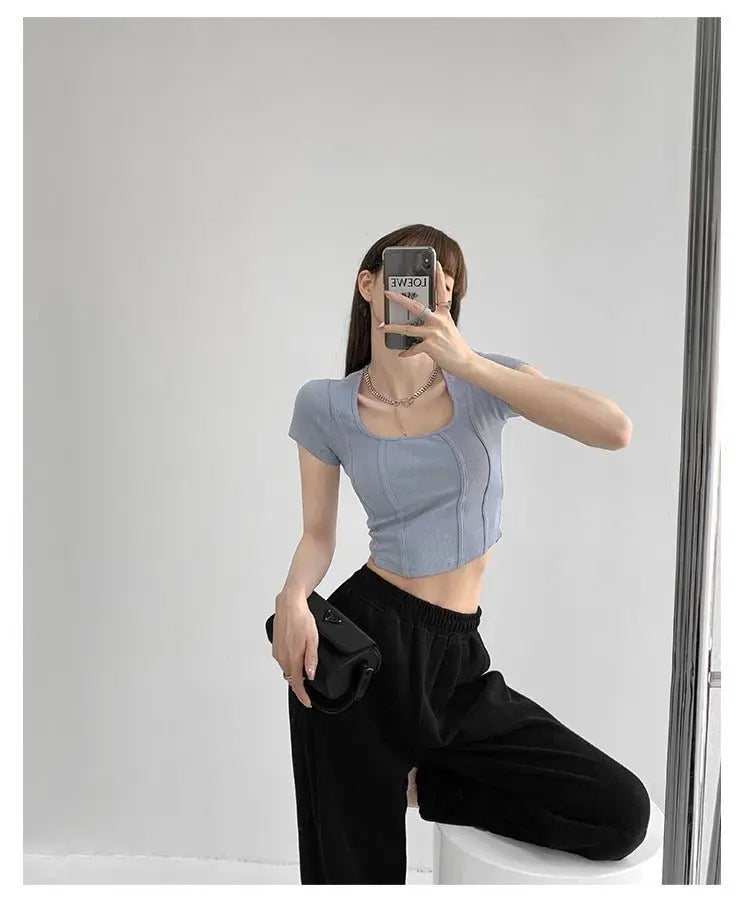 Vintaege Y2K Tops Women Summer Square Collar Short Sleeve T-shirt Fishbone Line Slim Crop - Blade & Thread