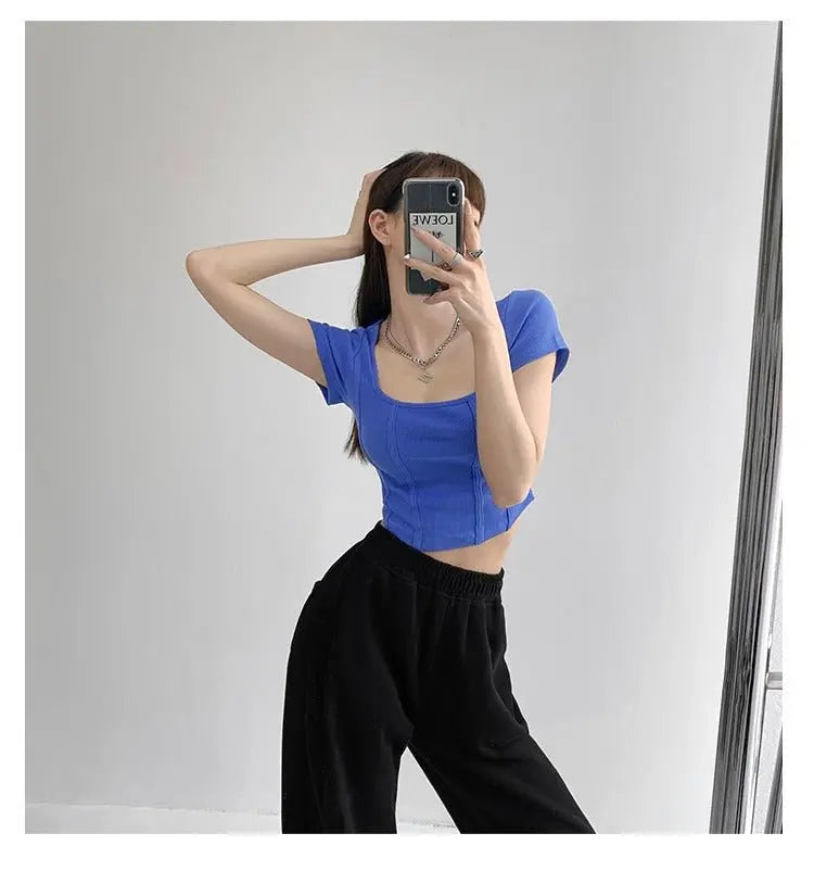 Vintaege Y2K Tops Women Summer Square Collar Short Sleeve T-shirt Fishbone Line Slim Crop - Blade & Thread