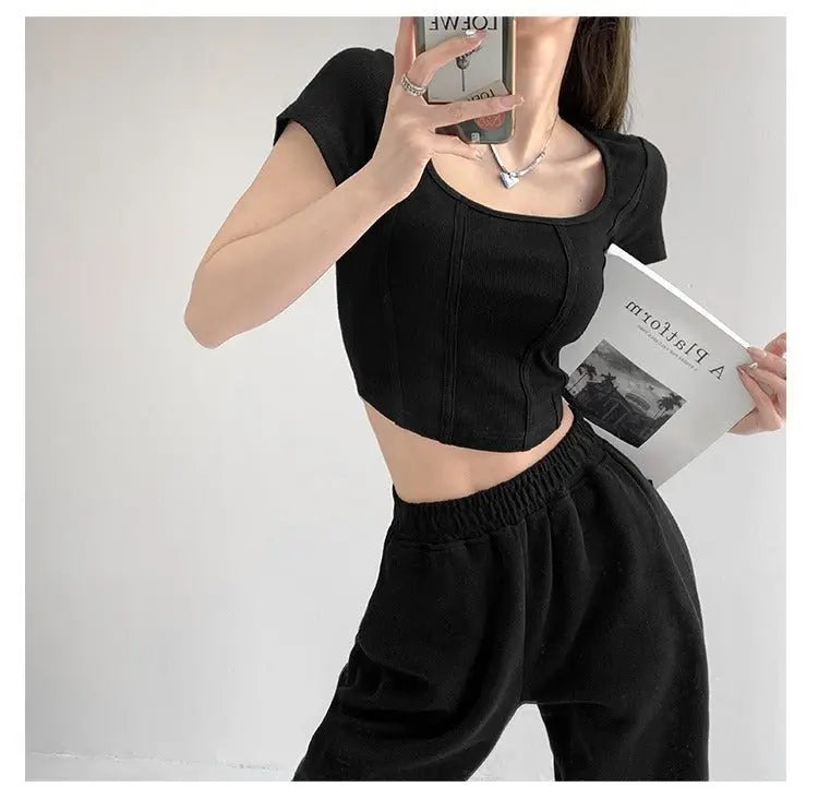 Vintaege Y2K Tops Women Summer Square Collar Short Sleeve T-shirt Fishbone Line Slim Crop - Blade & Thread