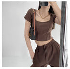 Vintaege Y2K Tops Women Summer Square Collar Short Sleeve T-shirt Fishbone Line Slim Crop nowadaysfashion