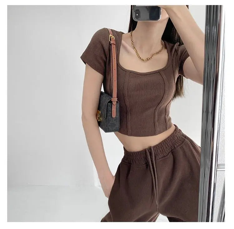 Vintaege Y2K Tops Women Summer Square Collar Short Sleeve T-shirt Fishbone Line Slim Crop - Blade & Thread