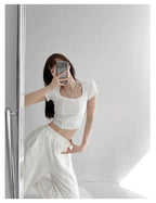 Vintaege Y2K Tops Women Summer Square Collar Short Sleeve T-shirt Fishbone Line Slim Crop nowadaysfashion
