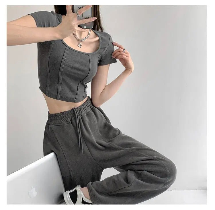 Vintaege Y2K Tops Women Summer Square Collar Short Sleeve T-shirt Fishbone Line Slim Crop - Blade & Thread