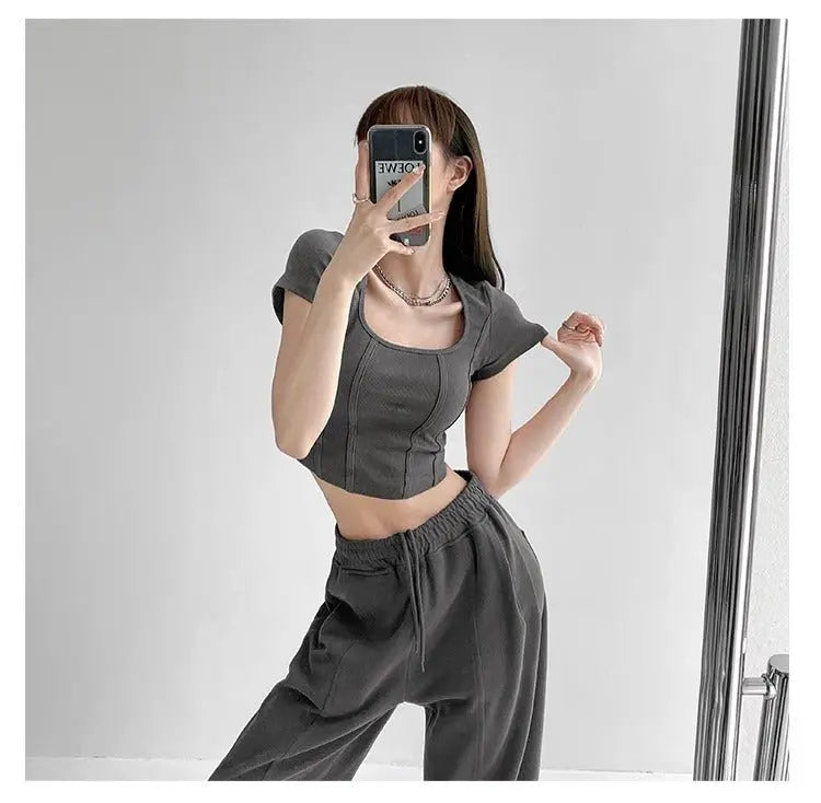 Vintaege Y2K Tops Women Summer Square Collar Short Sleeve T-shirt Fishbone Line Slim Crop - Blade & Thread