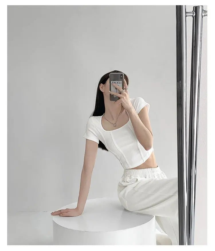 Vintaege Y2K Tops Women Summer Square Collar Short Sleeve T-shirt Fishbone Line Slim Crop - Blade & Thread