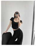 Vintaege Y2K Tops Women Summer Square Collar Short Sleeve T-shirt Fishbone Line Slim Crop nowadaysfashion
