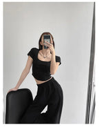 Vintaege Y2K Tops Women Summer Square Collar Short Sleeve T-shirt Fishbone Line Slim Crop nowadaysfashion