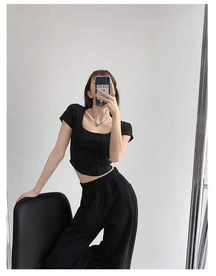 Vintaege Y2K Tops Women Summer Square Collar Short Sleeve T-shirt Fishbone Line Slim Crop - Blade & Thread