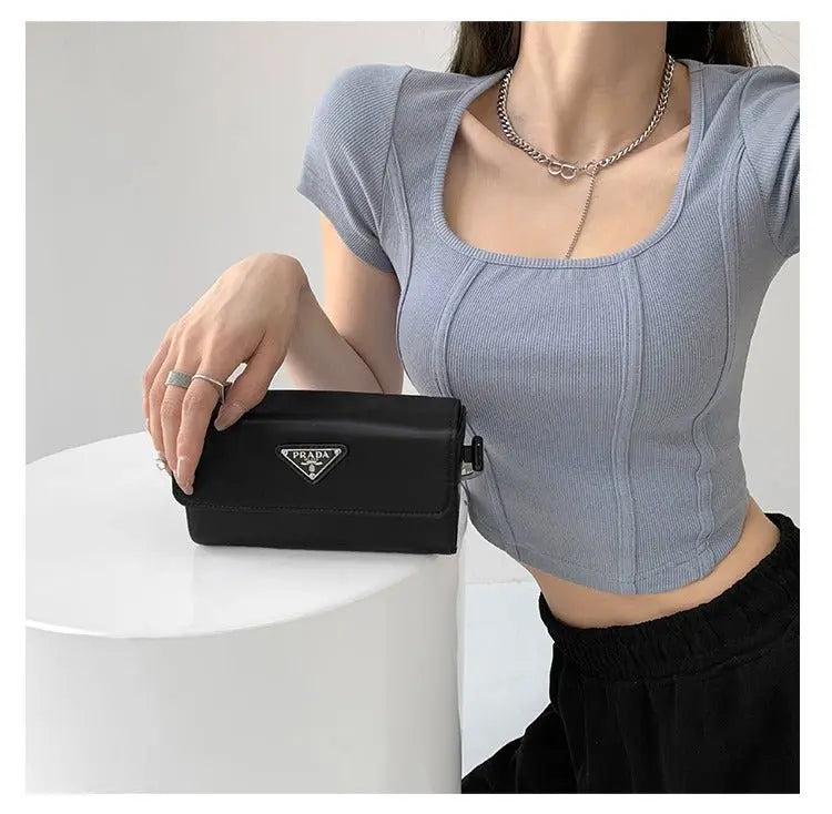 Vintaege Y2K Tops Women Summer Square Collar Short Sleeve T-shirt Fishbone Line Slim Crop - Blade & Thread