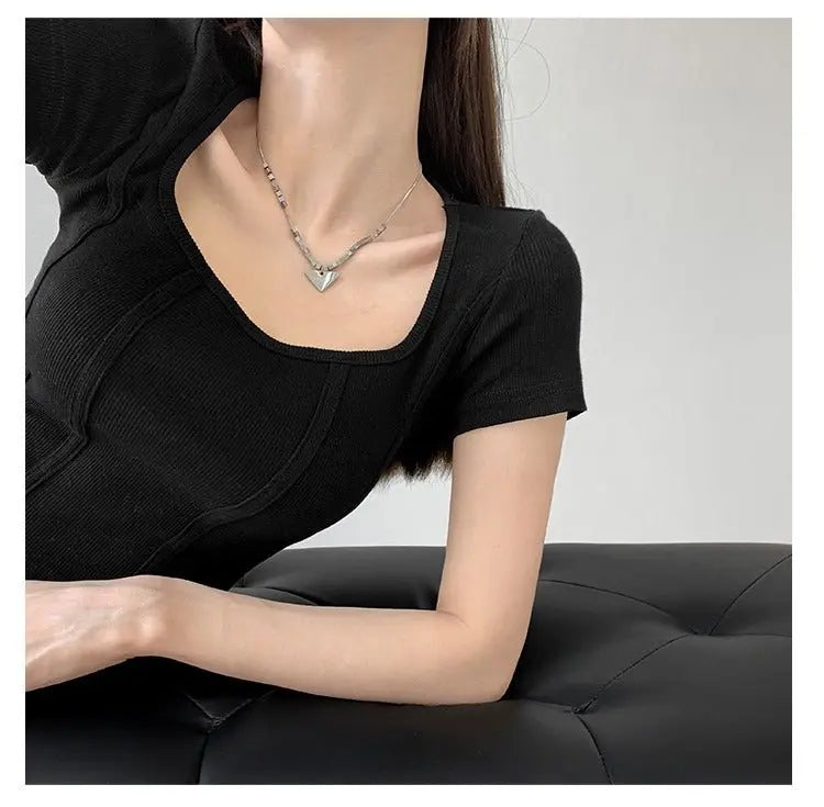 Vintaege Y2K Tops Women Summer Square Collar Short Sleeve T-shirt Fishbone Line Slim Crop - Blade & Thread