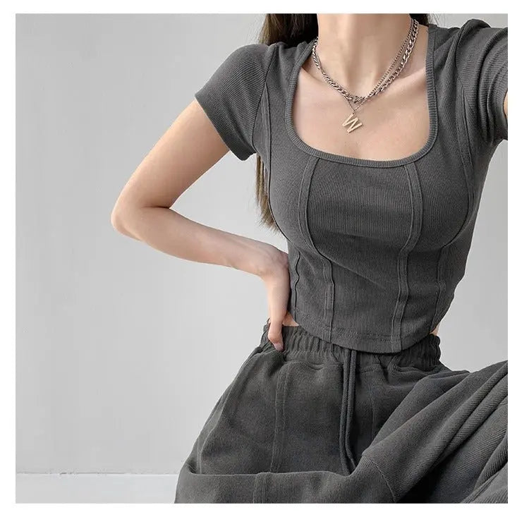 Vintaege Y2K Tops Women Summer Square Collar Short Sleeve T-shirt Fishbone Line Slim Crop - Blade & Thread